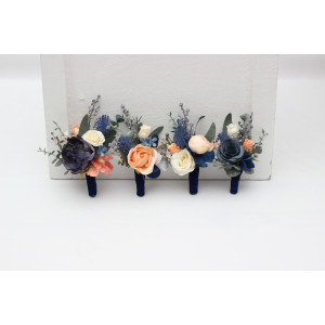 Navy Blue Coral Ivory Wedding Boutonnieres. 5084