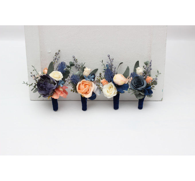 Navy Blue, Coral & Ivory Floral Boutonnieres for Wedding Styling