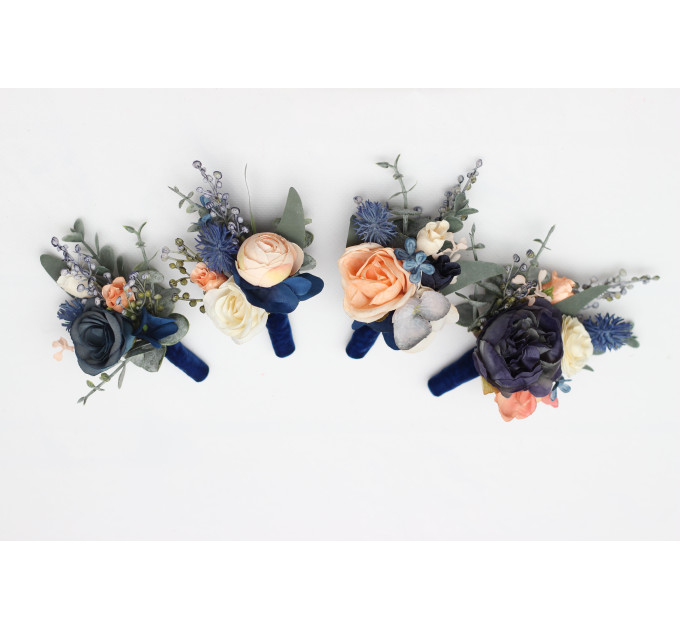 Navy Blue, Coral & Ivory Floral Boutonnieres for Wedding Styling