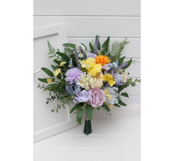 Yellow, Ivory, Dusty Blue & Lavender Bridal and Bridesmaid Bouquets