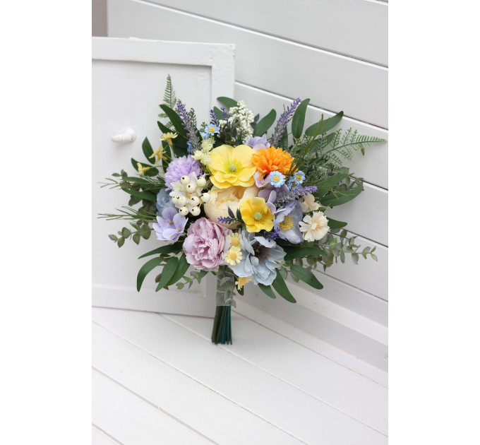 Yellow, Ivory, Dusty Blue & Lavender Bridal and Bridesmaid Bouquets