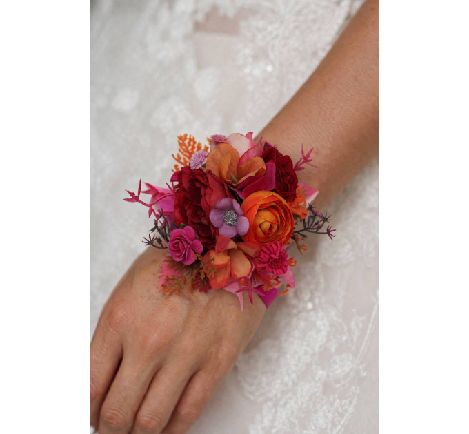Orange, Magenta, Pink & Red Floral Wrist Corsage for Weddings