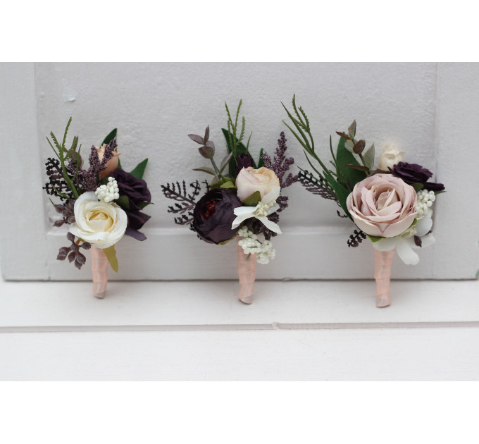 Wedding Boutonnieres in Purple, Blush Pink, Beige & Ivory