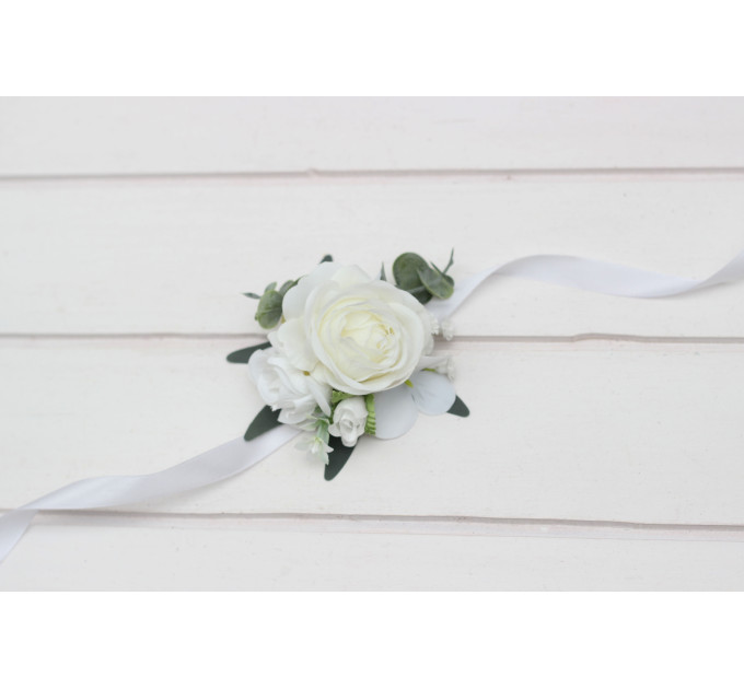 Ivory White Wrist Corsage and Boutonnieres for Classic Wedding Styling