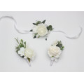 Ivory White Wrist Corsage and Boutonnieres for Classic Wedding Styling