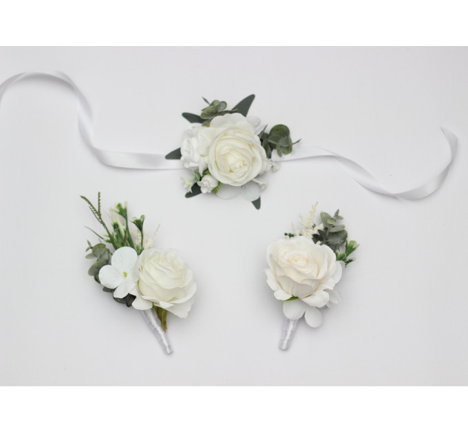 Ivory White Wrist Corsage and Boutonnieres for Classic Wedding Styling