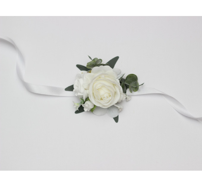 Ivory White Wrist Corsage and Boutonnieres for Classic Wedding Styling