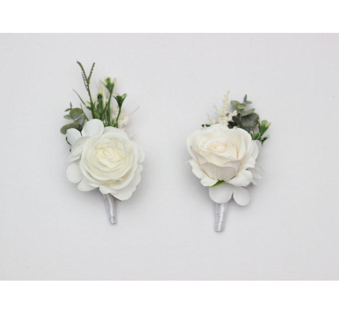 Ivory White Wrist Corsage and Boutonnieres for Classic Wedding Styling