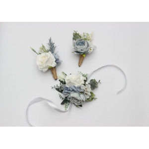 Dusty Blue, White & Green Wedding Corsage and Boutonnieres. 5480