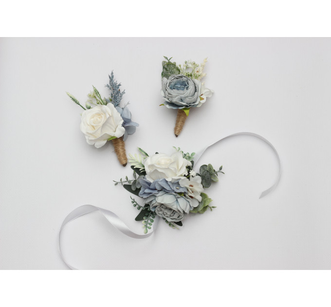 Dusty Blue, White & Green Wrist Corsage and Boutonnieres for Wedding