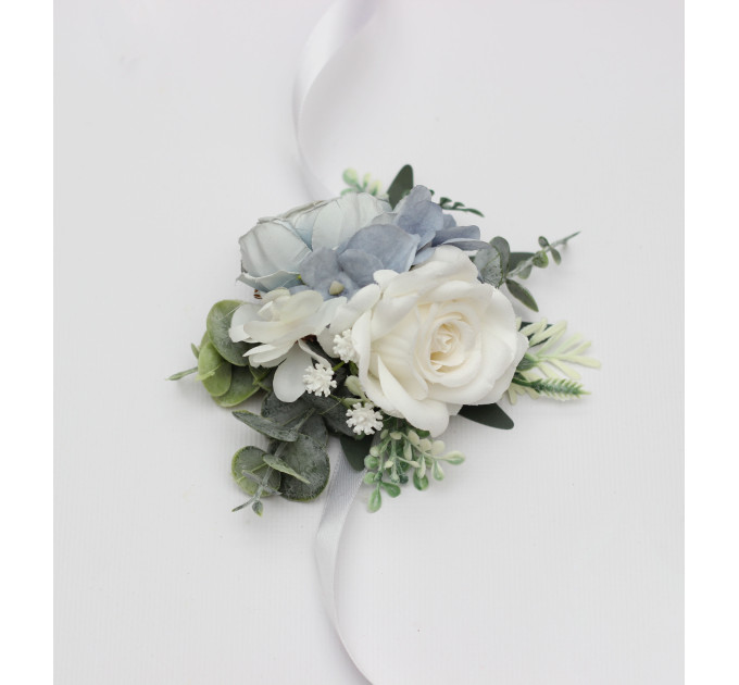 Dusty Blue, White & Green Wrist Corsage and Boutonnieres for Wedding
