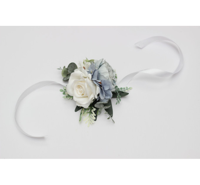 Dusty Blue, White & Green Wrist Corsage and Boutonnieres for Wedding