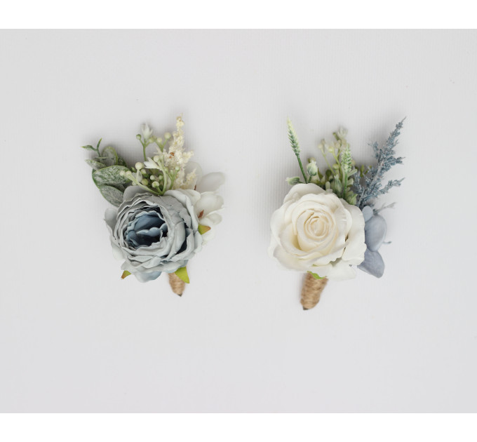 Dusty Blue, White & Green Wrist Corsage and Boutonnieres for Wedding