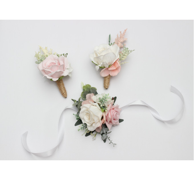 Blush Pink & White Wrist Corsage and Boutonnieres for Wedding