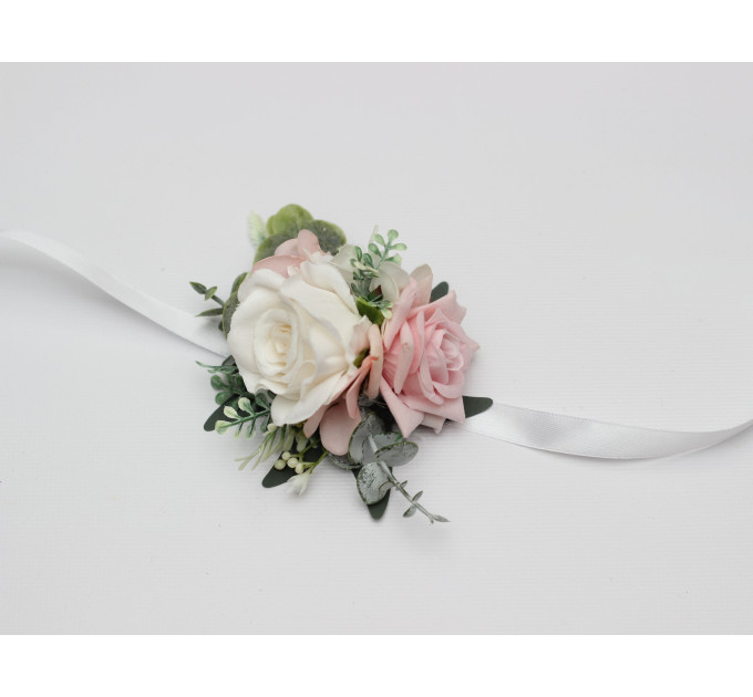 Blush Pink & White Wrist Corsage and Boutonnieres for Wedding