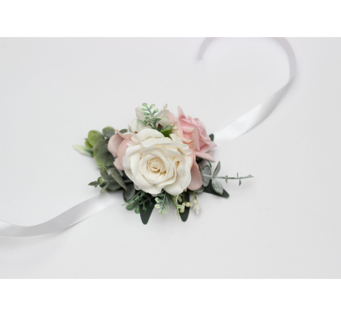 Blush Pink & White Wrist Corsage and Boutonnieres for Wedding