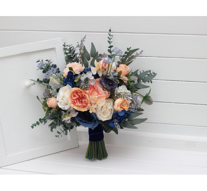 Bridal and Bridesmaid Wedding Bouquets in Navy Blue, Coral & Ivory
