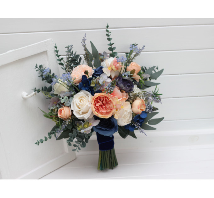 Bridal and Bridesmaid Wedding Bouquets in Navy Blue, Coral & Ivory