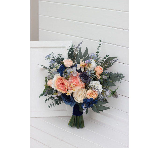 Bridal and Bridesmaid Wedding Bouquets in Navy Blue, Coral & Ivory