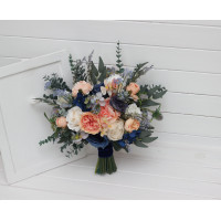 Navy Blue, Coral & Ivory Wedding Bridal and Bridesmaids Bouquets. 5084