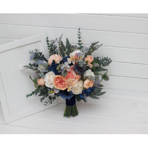 Navy Blue, Coral & Ivory Wedding Bridal and Bridesmaids Bouquets. 5084