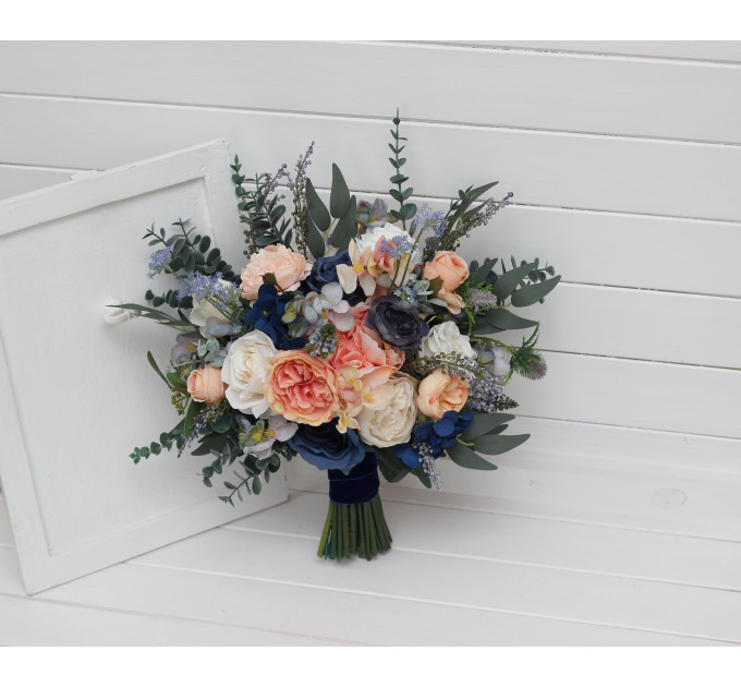 Bridal and Bridesmaid Wedding Bouquets in Navy Blue, Coral & Ivory