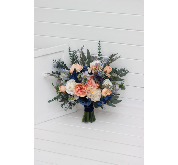 Bridal and Bridesmaid Wedding Bouquets in Navy Blue, Coral & Ivory