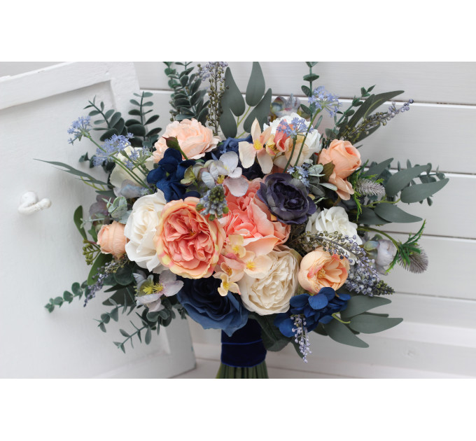 Bridal and Bridesmaid Wedding Bouquets in Navy Blue, Coral & Ivory