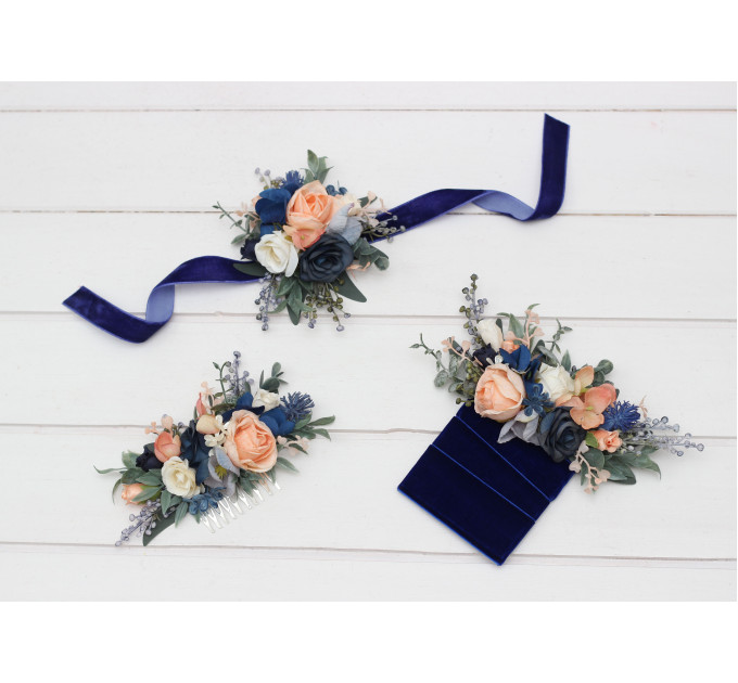 Navy Blue Coral Ivory Wedding Wrist Corsage. Prom Flower Bracelet. 5084
