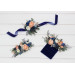 Navy Blue Coral Ivory Wedding Wrist Corsage. Prom Flower Bracelet. 5084