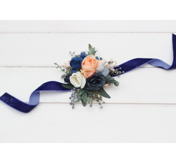 Navy Blue Coral Ivory Wedding Wrist Corsage. Prom Flower Bracelet. 5084