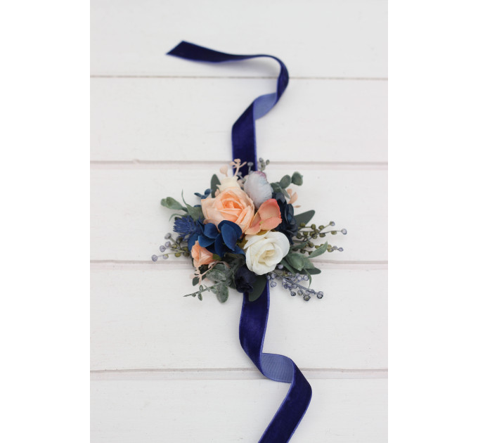 Navy Blue Coral Ivory Wedding Wrist Corsage. Prom Flower Bracelet. 5084