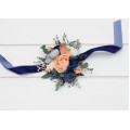 Navy Blue Coral Ivory Wedding Wrist Corsage. Prom Flower Bracelet. 5084