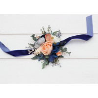 Navy Blue Coral Ivory Wedding Wrist Corsage. Prom Flower Bracelet. 5084