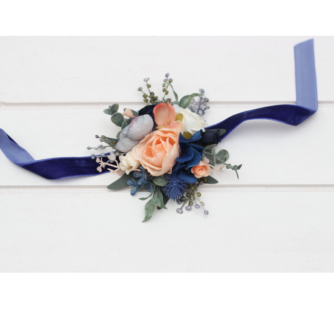 Navy Blue Coral Ivory Wedding Wrist Corsage. Prom Flower Bracelet. 5084