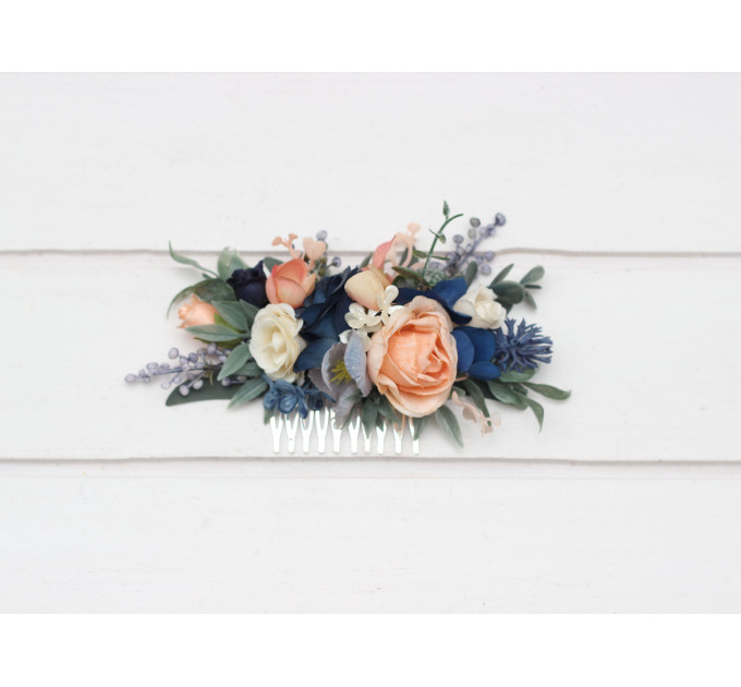 Navy Blue, Coral & Ivory Floral Hair Comb for Bridal Hairstyles