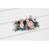 Navy Blue Coral Ivory Flower Comb. Bridal Flowers. 5084