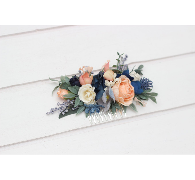 Navy Blue, Coral & Ivory Floral Hair Comb for Bridal Hairstyles