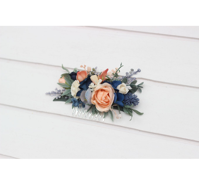 Navy Blue, Coral & Ivory Floral Hair Comb for Bridal Hairstyles