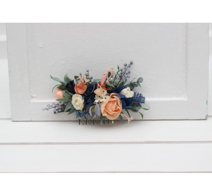 Navy Blue, Coral & Ivory Floral Hair Comb for Bridal Hairstyles