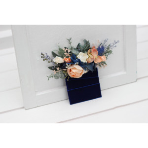 Navy Blue, Coral & Ivory Pocket Flowers. Pocket Boutonniere. 5084