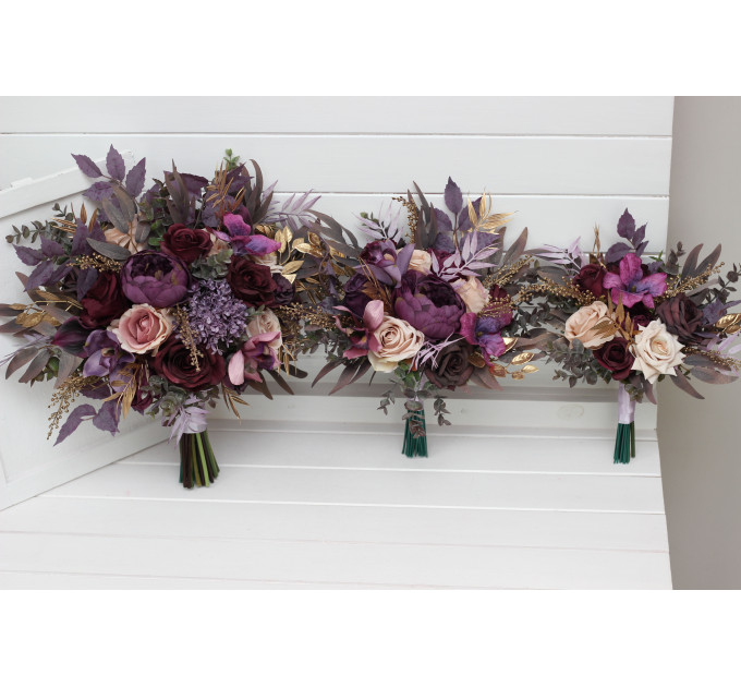 Purple, Lilac, Gold & Beige Bridal Bouquet – Elegant Faux Wedding Flowers