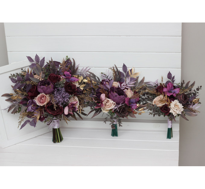 Wedding Bouquets in Purple, Gold & Beige | Cascading Bridal & Bridesmaid Faux Bouquets