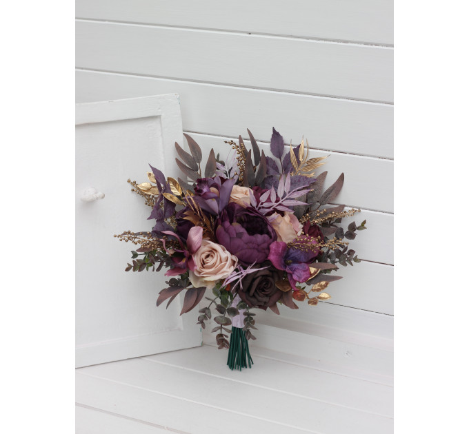 Wedding Bouquets in Purple, Gold & Beige | Cascading Bridal & Bridesmaid Faux Bouquets