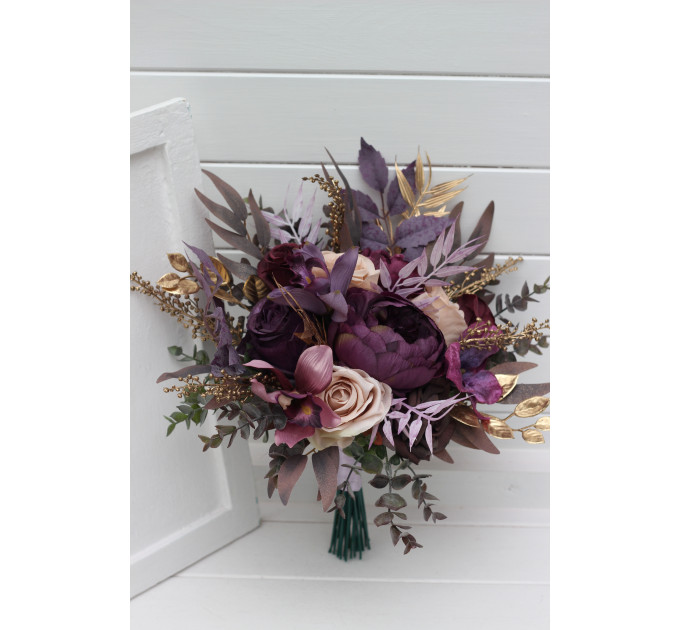 Wedding Bouquets in Purple, Gold & Beige | Cascading Bridal & Bridesmaid Faux Bouquets