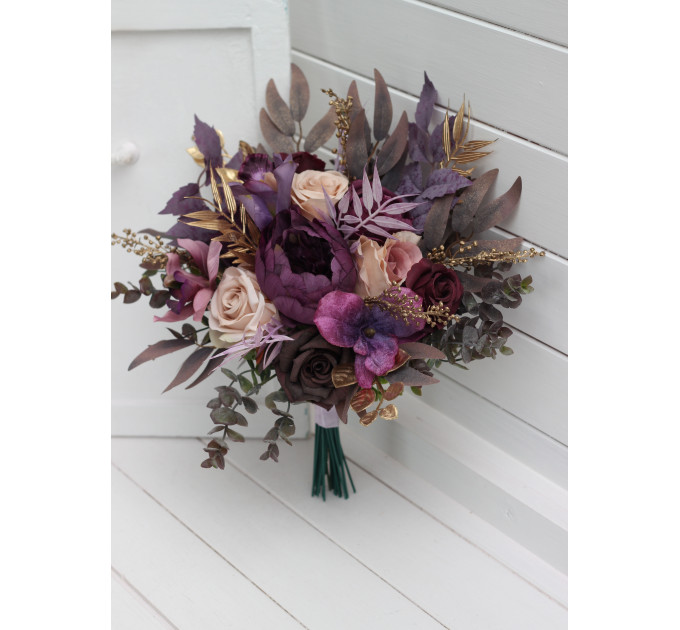 Purple, Lilac, Gold & Beige Bridal Bouquet – Elegant Faux Wedding Flowers