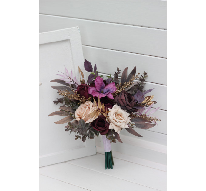 Purple, Lilac, Gold & Beige Bridal Bouquet – Elegant Faux Wedding Flowers