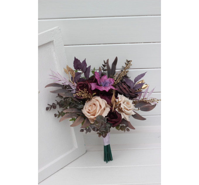Wedding Bouquets in Purple, Gold & Beige | Cascading Bridal & Bridesmaid Faux Bouquets