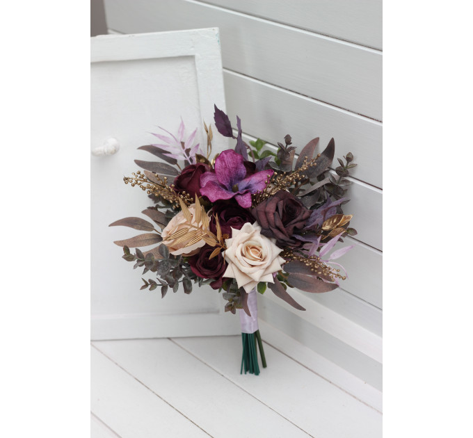 Wedding Bouquets in Purple, Gold & Beige | Cascading Bridal & Bridesmaid Faux Bouquets
