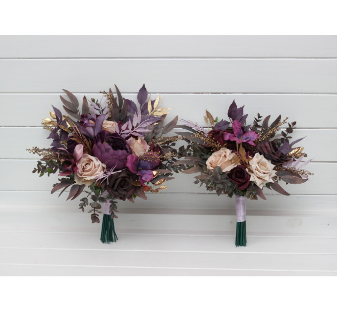 Purple, Lilac, Gold & Beige Bridal Bouquet – Elegant Faux Wedding Flowers